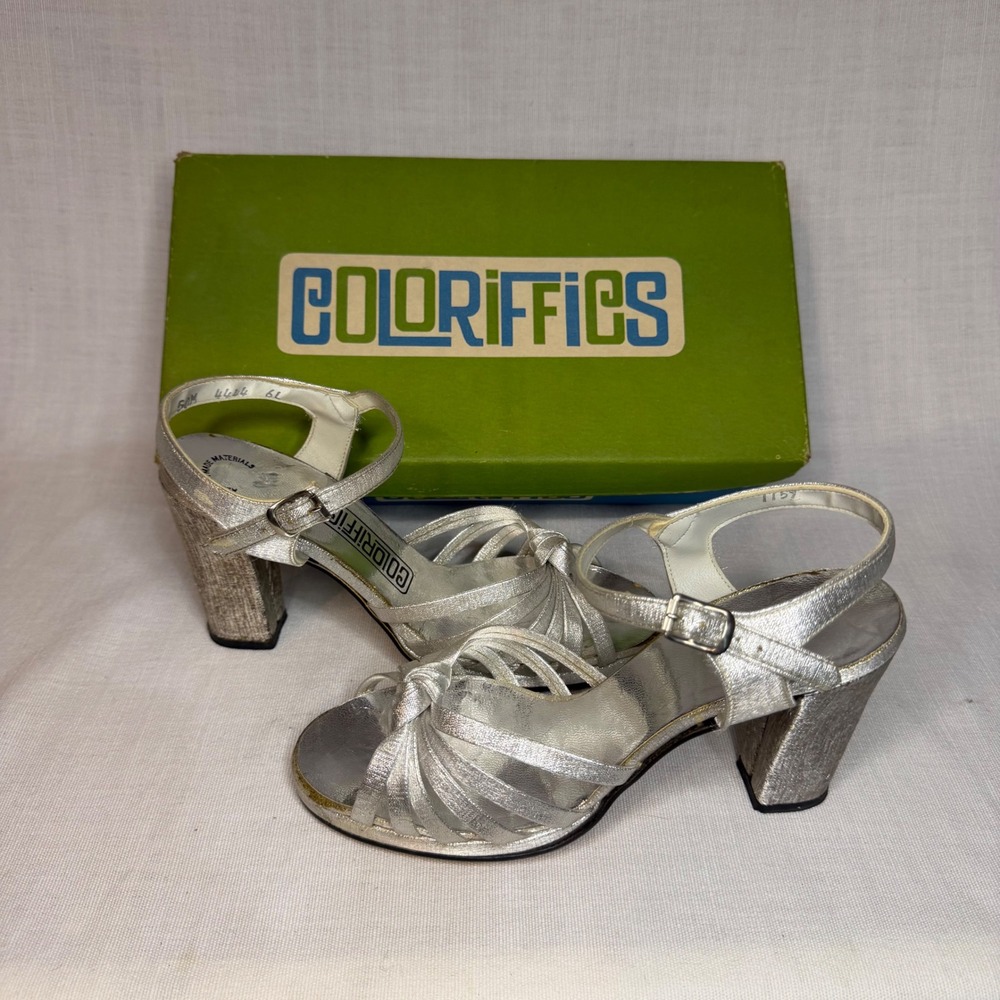 Coloriffics Vintage Silver Metallic Strappy Block Heel Sandals Formal Shoes 5M